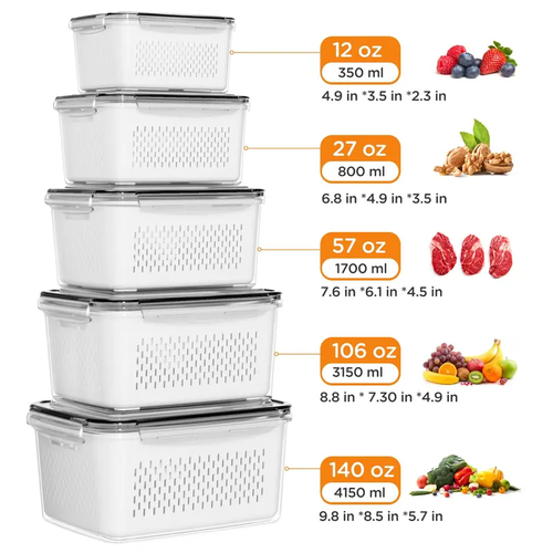 5-piece BPA-free fridge organizer set with removable colanders