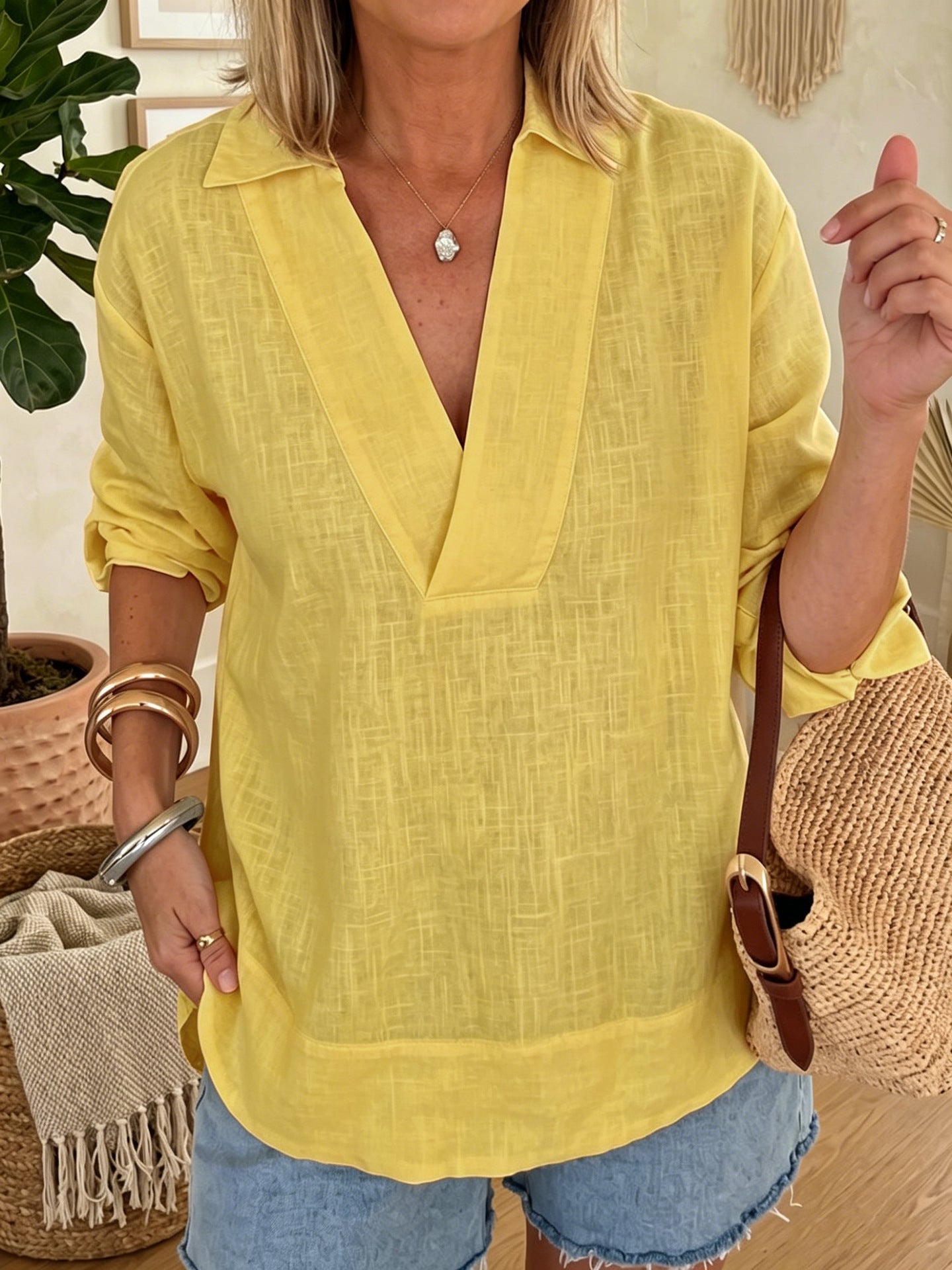 Everyday Linen Cotton V-Neck Shirt